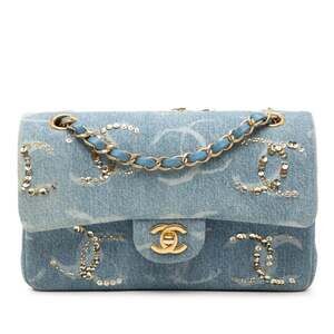 CHANEL Matelasse Coco Mark Shoulder Bag in Blue and Gold Denim with Sequins f...